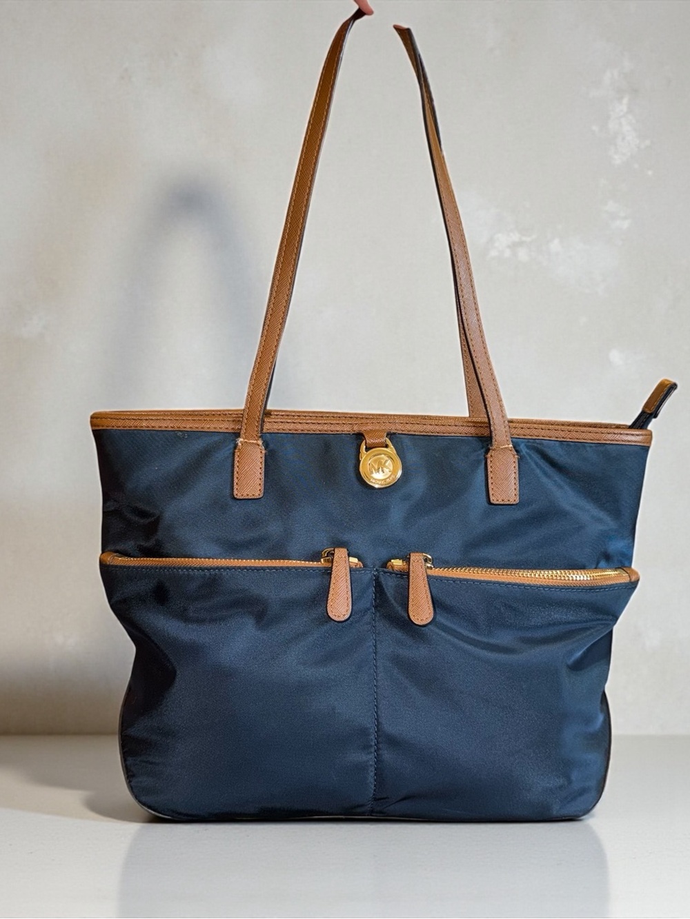 REHAB MICHAEL Michael Kors Navy Tote with Brown Trim